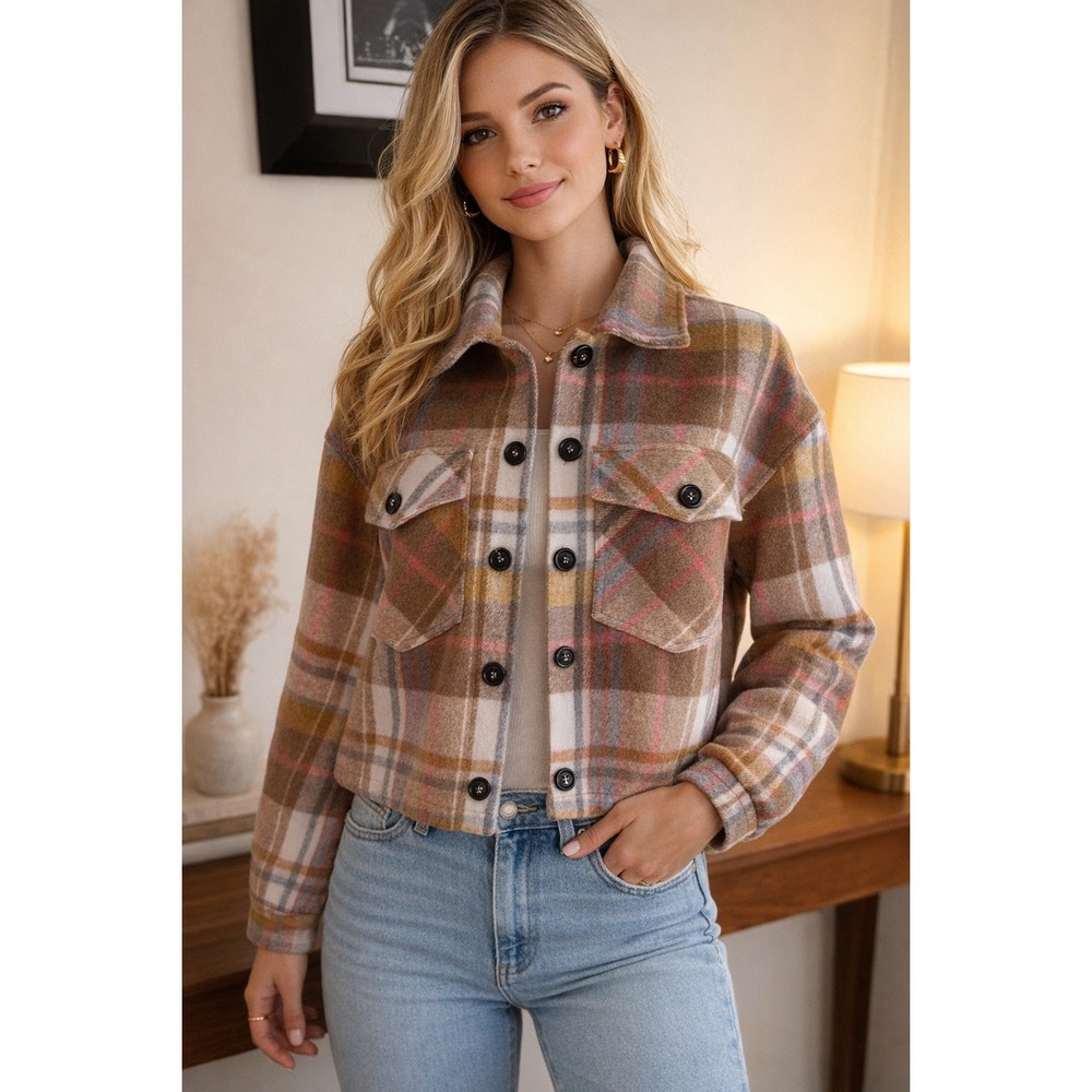 Thml Brown Plaid Cropped Shacket Button Front Siz… - image 1